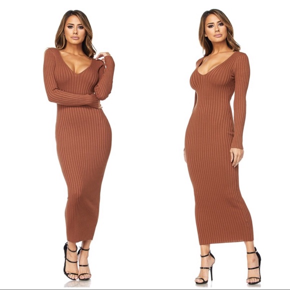 SOLD OUT Rust Ribbed Knit Long Sleeve On Off Shoulder Dress - Picture 2 of 3